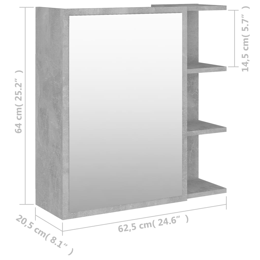 vidaXL vannasistabas spoguļskapītis, betona pelēks, 62,5x20,5x64 cm