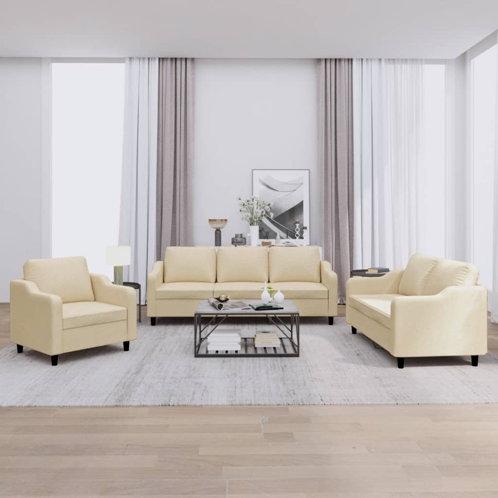 vidaXL trīsdaļīgs dīvānu komplekts ar spilveniem, krēmkrāsas audums