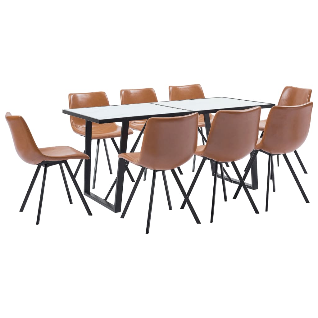 vidaXL virtuves galds un 8 krēsli, konjaka krāsas mākslīgā āda