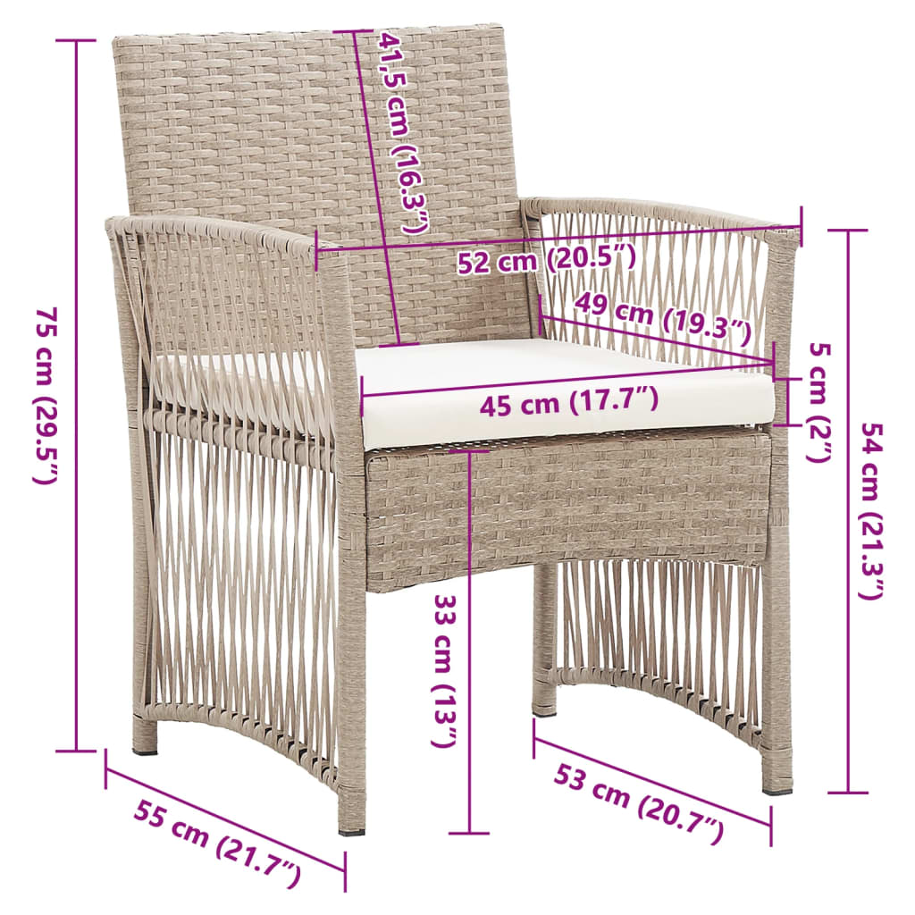 vidaXL dārza atpūtas krēsli ar matračiem, 2 gab., bēša PE rotangpalma