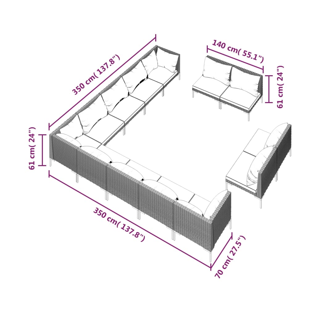 vidaXL 13-daļīgs dārza mēbeļu komplekts, matrači,pelēka PE rotangpalma