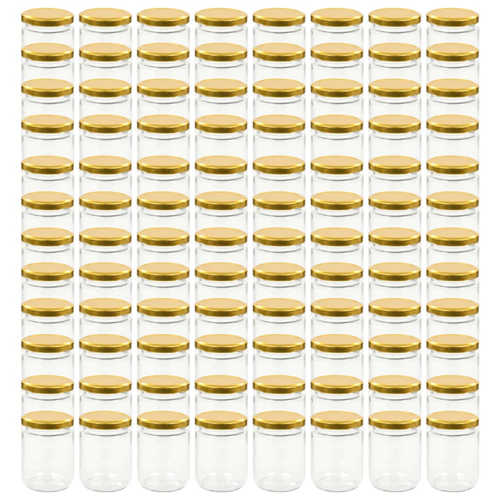 vidaXL ievārījuma burciņas, zelta krāsas vāciņi, 96 gab., 230 ml