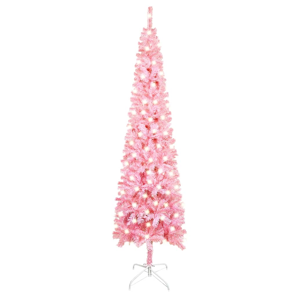 vidaXL izgaismota Ziemassvētku egle, šaura, rozā, 210 cm