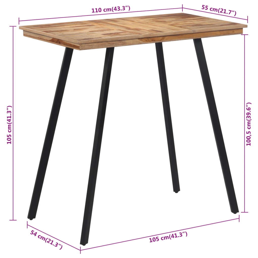 vidaXL bāra galds, 110x55x105 cm, masīvs tīkkoks