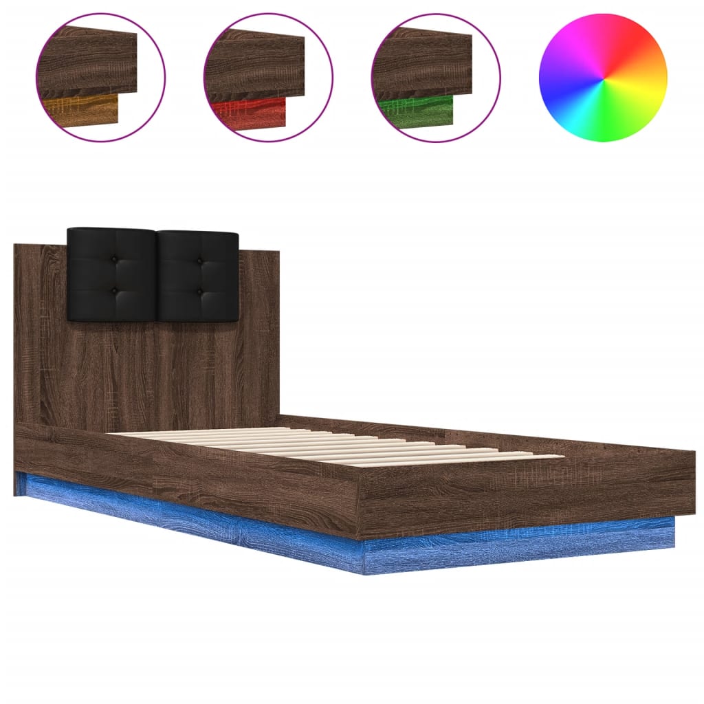 vidaXL gultas rāmis ar galvgali un LED, brūna koka krāsa, 90x200 cm