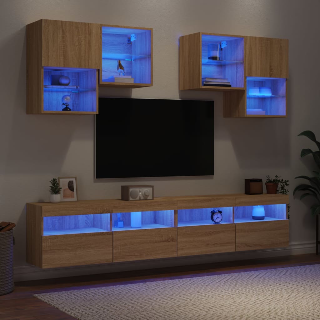 vidaXL TV sienas skapīši ar LED, 6 gab., koka krāsa