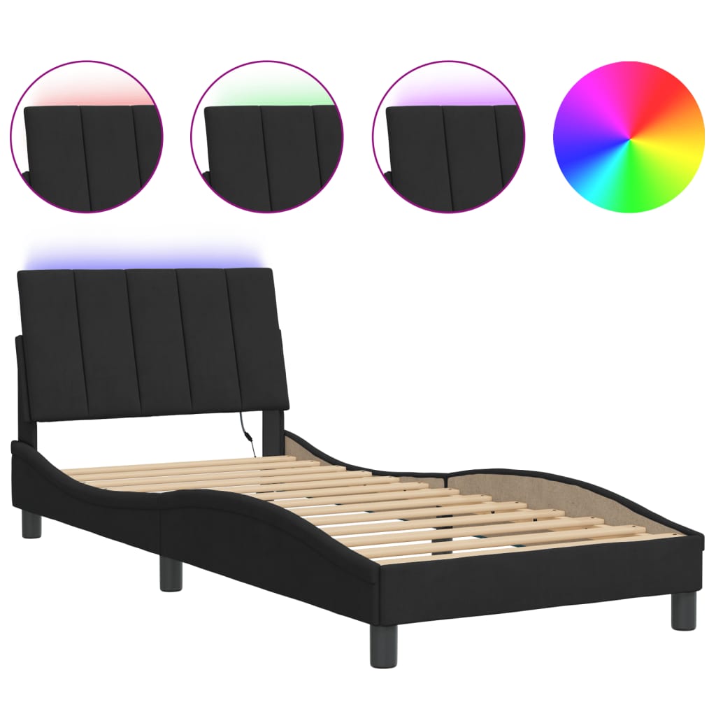 vidaXL gultas rāmis ar LED, melns, 90x190 cm, samts