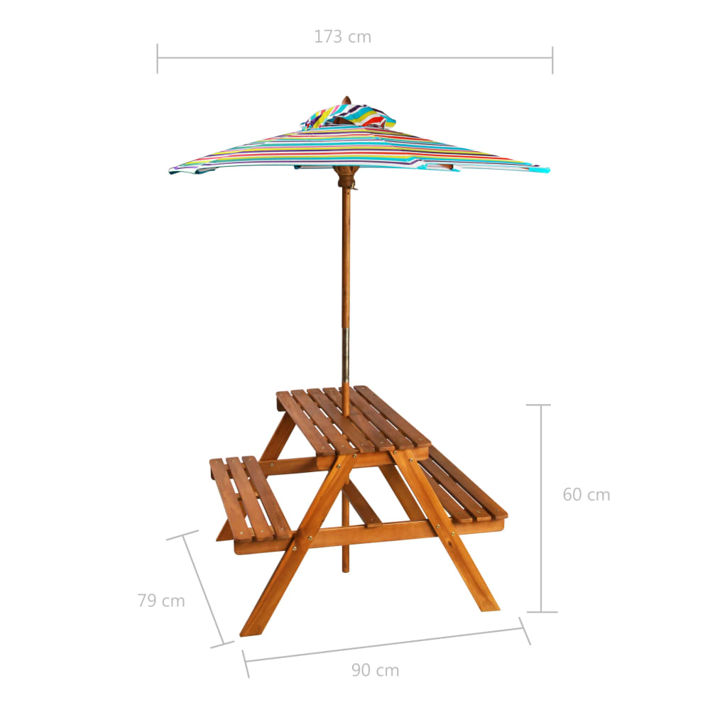 vidaXL bērnu piknika galds ar saulessargu, 79x90x60 cm, akācijas koks