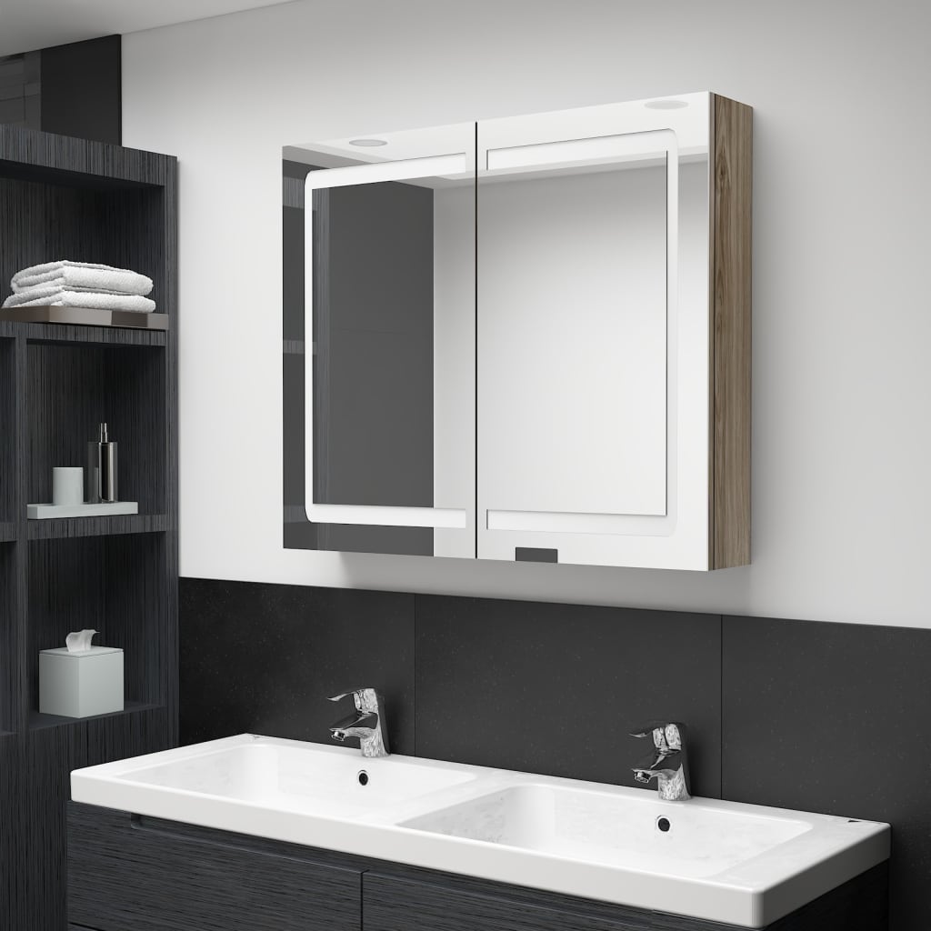 vidaXL vannasistabas skapītis ar spoguli un LED, 80x12x68 cm, ozolkoka