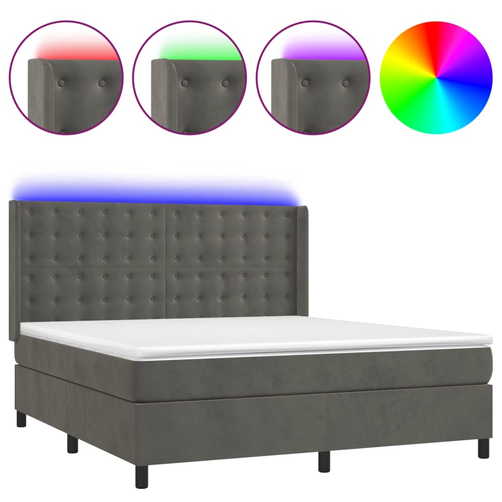 vidaXL atsperu gulta ar matraci, LED, tumši pelēks samts, 160x200 cm