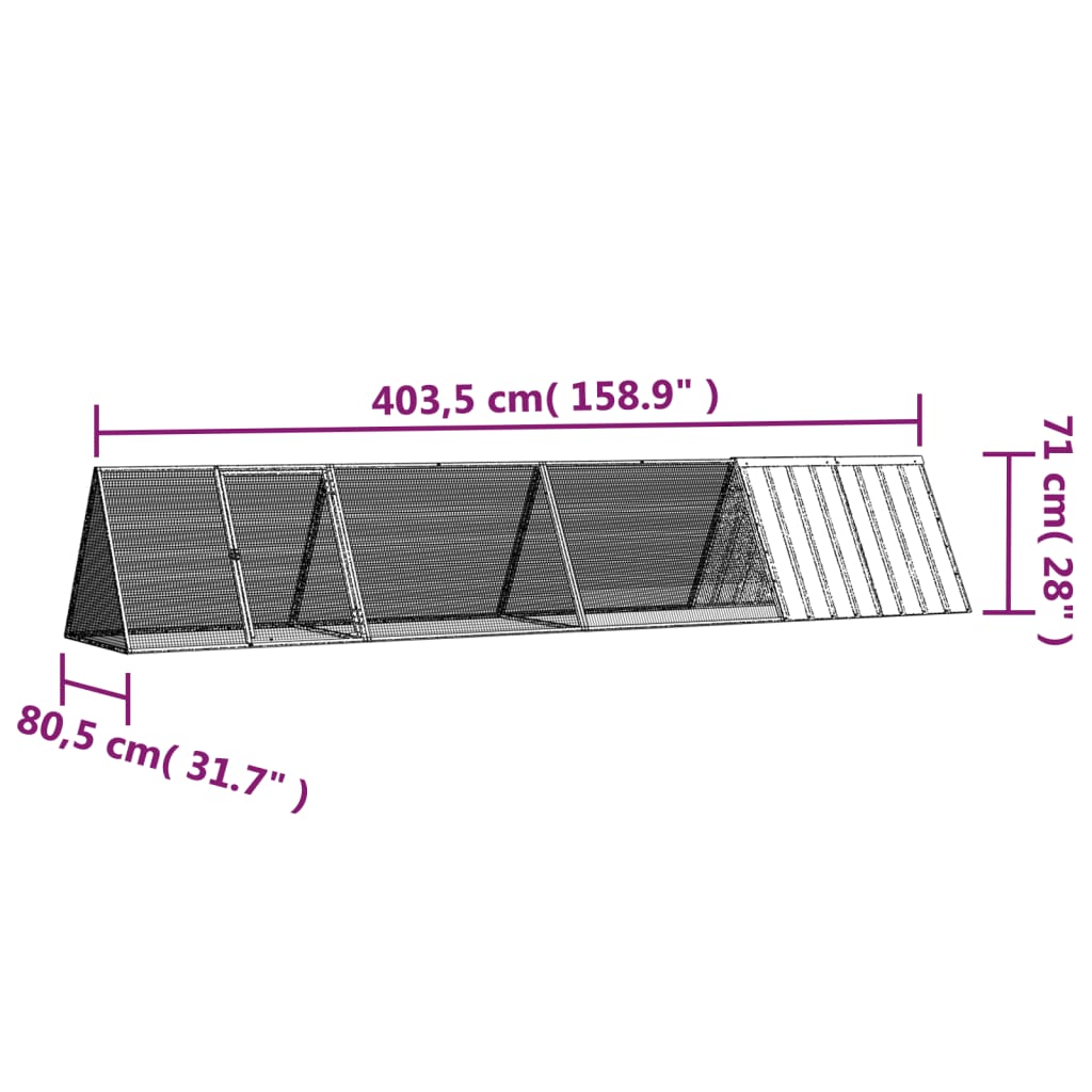 vidaXL trušu būris, pelēks, 403,5x80,5x71 cm, cinkots tērauds