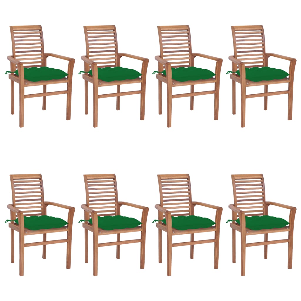 vidaXL virtuves krēsli, 8 gab., zaļi matrači, masīvs tīkkoks