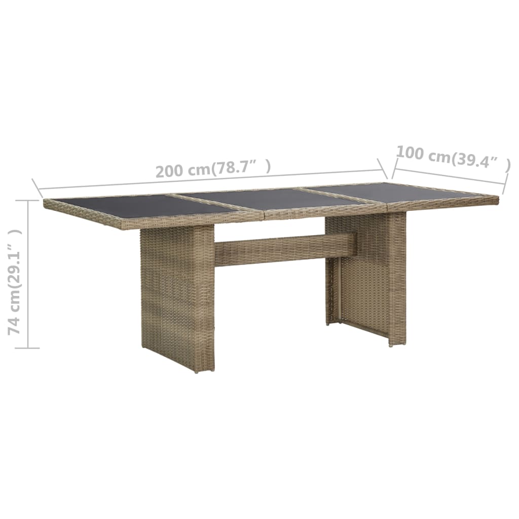 vidaXL dārza galds, 200x100x74 cm, brūns, stikls un PE rotangpalma