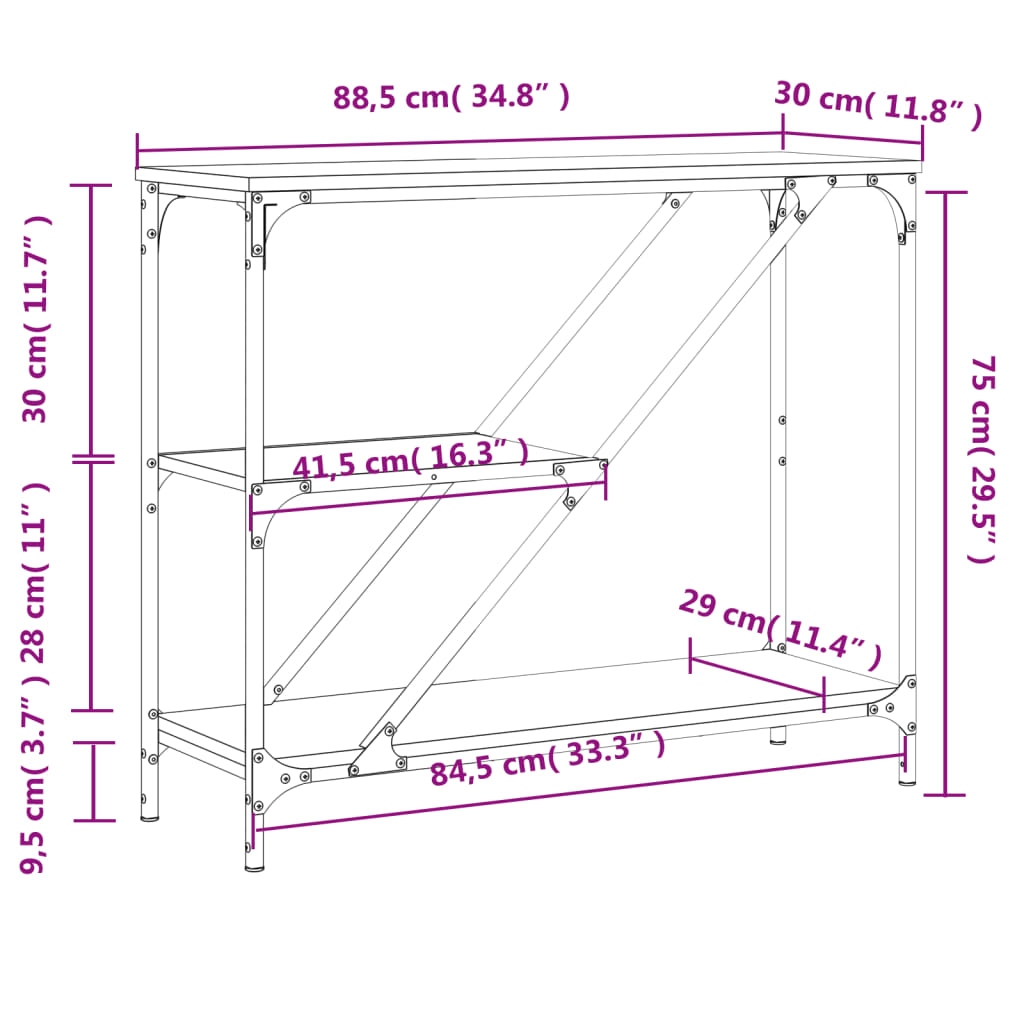 vidaXL konsoles galdiņš, kvēpināta ozolkoka, 88,5x30x75 cm