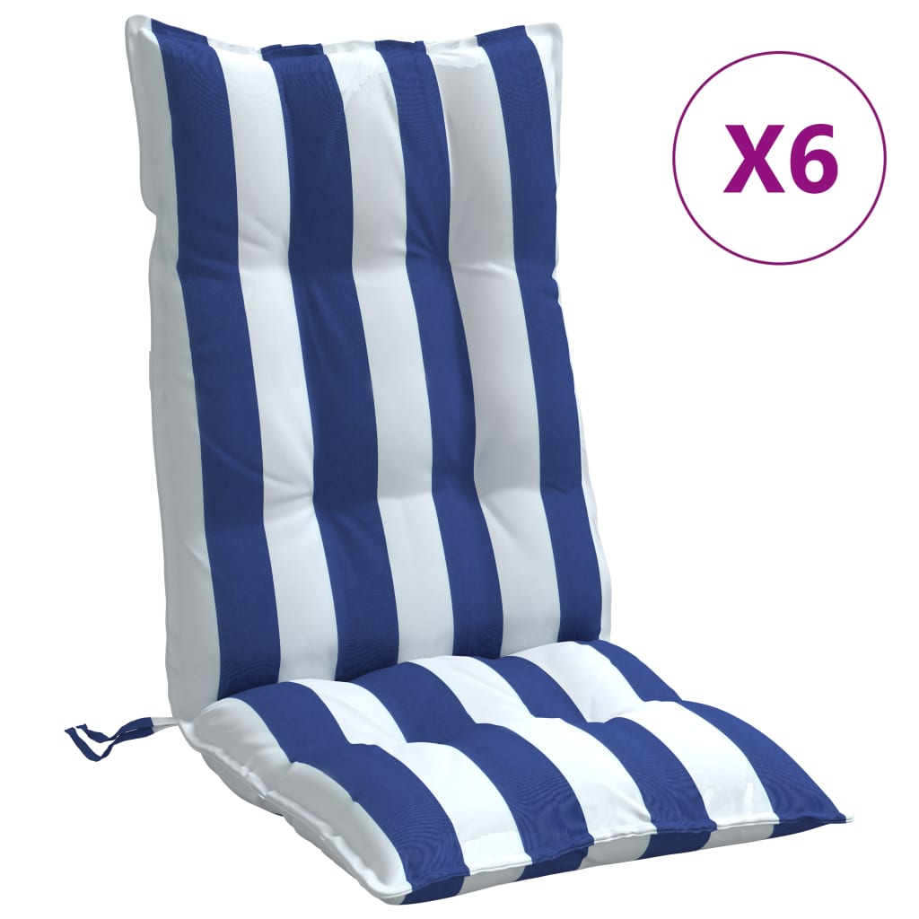 vidaXL krēslu spilveni, 6 gab., zilas un baltas svītras, audums