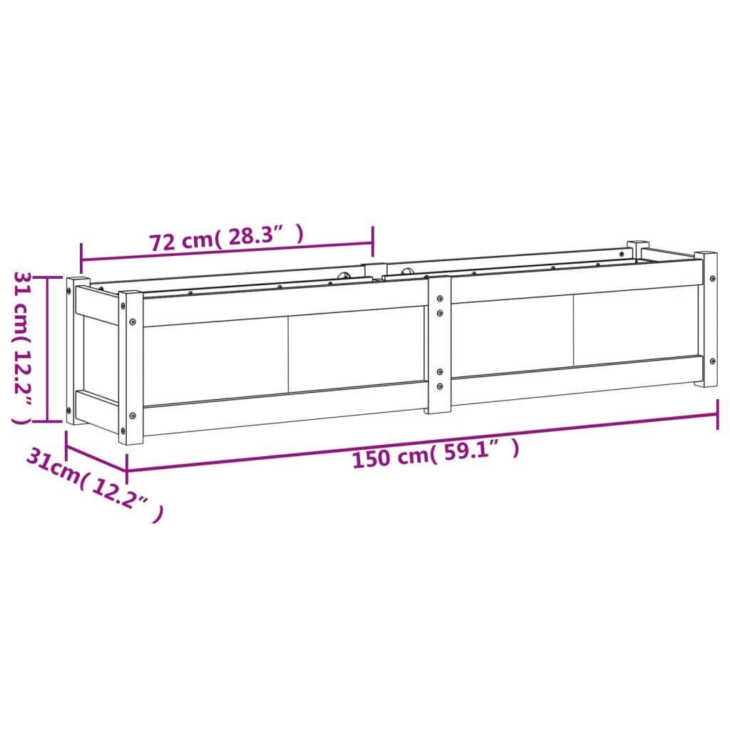 vidaXL dārza puķu kaste, balta, 150x31x31 cm, priedes masīvkoks