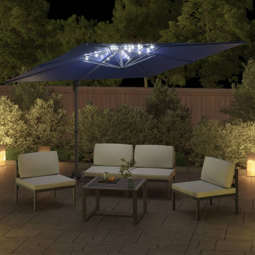 vidaXL LED dārza saulessargs, 400x300 cm, debeszils