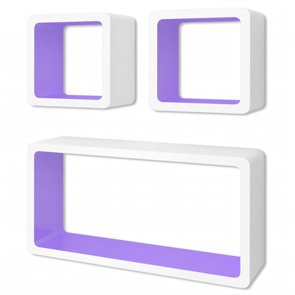 Sienas plaukti, kubi, 3 gab., MDF, balts ar violetu