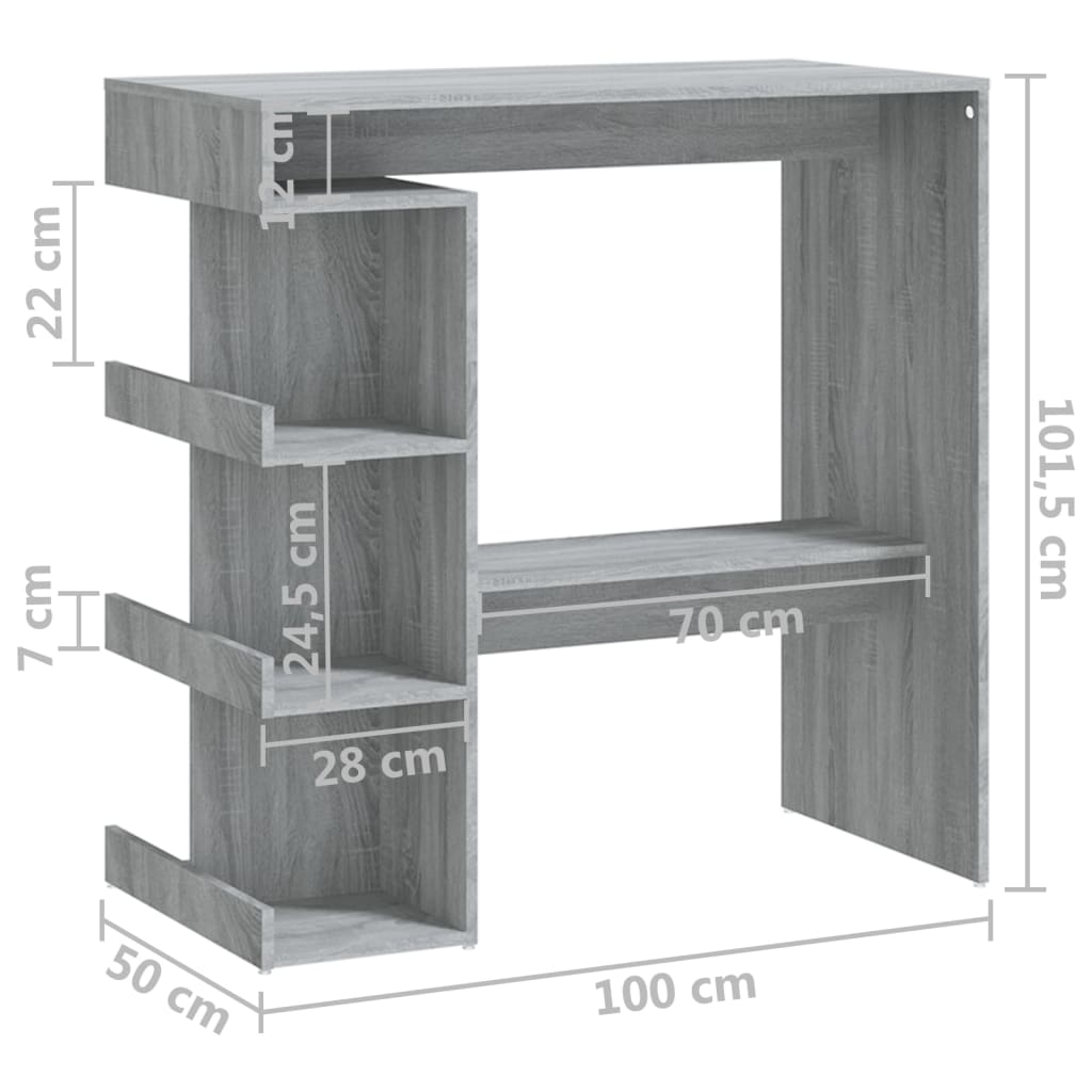vidaXL bāra galds ar plauktu, pelēka sonoma krāsā, 100x50x101,5 cm