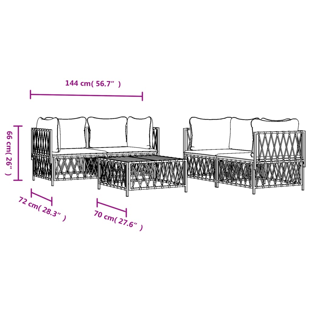 vidaXL 5-daļīgs dārza mēbeļu komplekts ar matračiem, balts tērauds