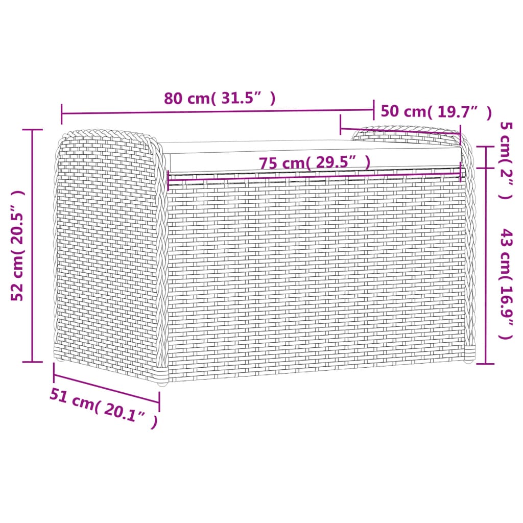 vidaXL sols/mantu kaste ar matraci, 80x51x52 cm, melna PE rotangpalma