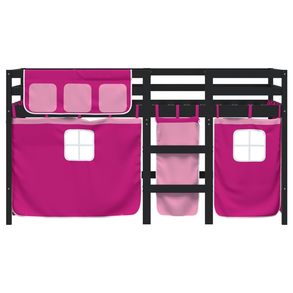 vidaXL bērnu gulta ar aizkariem, rozā, 90x190 cm, priedes masīvkoks