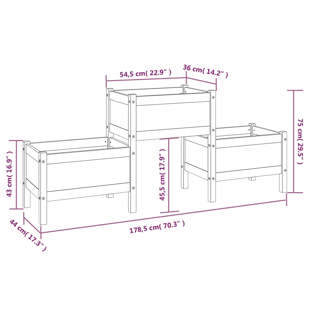 vidaXL puķu kaste, balta, 178,5x44x75 cm, priedes masīvkoks