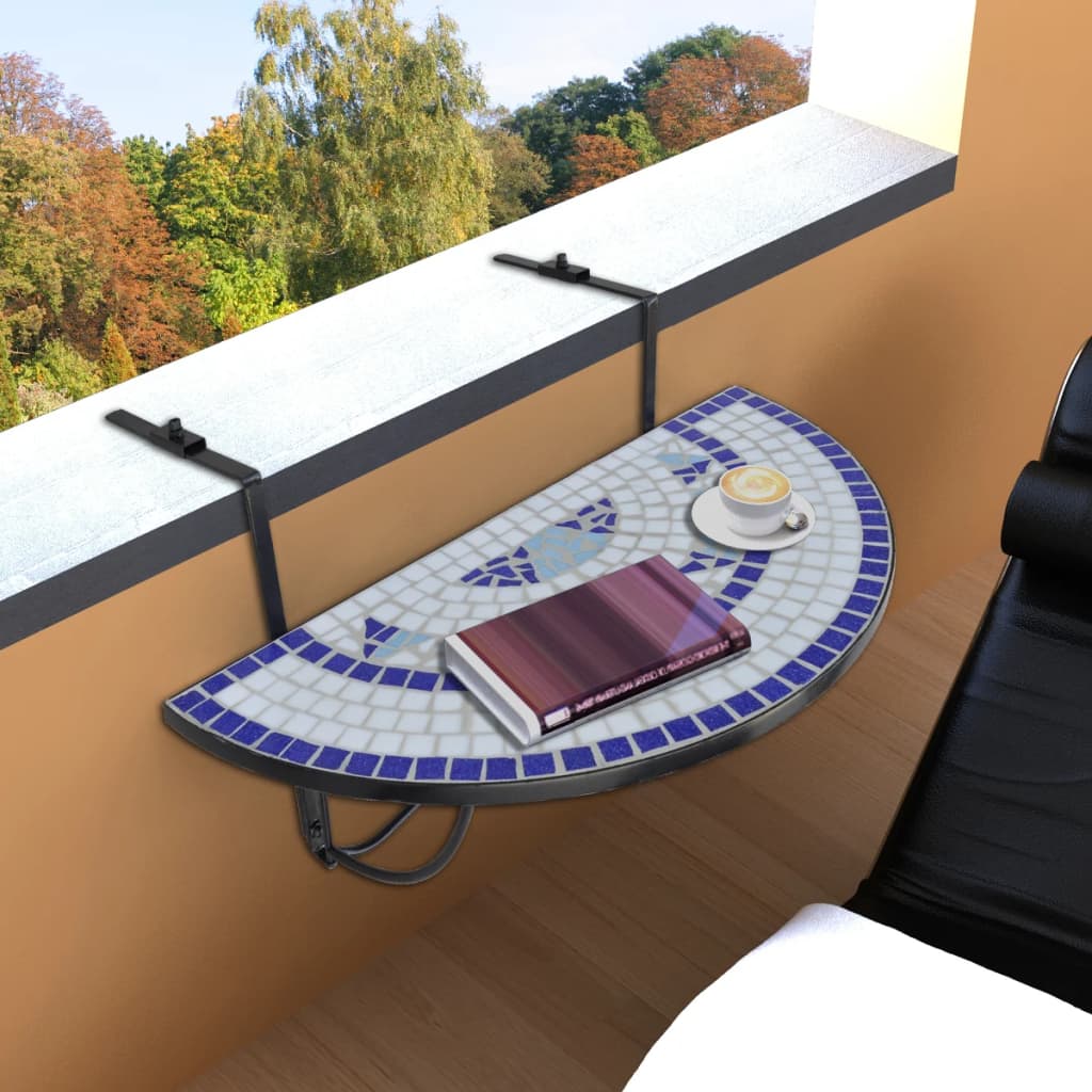 vidaXL piekarams balkona galdiņš, zila un balta mozaīka