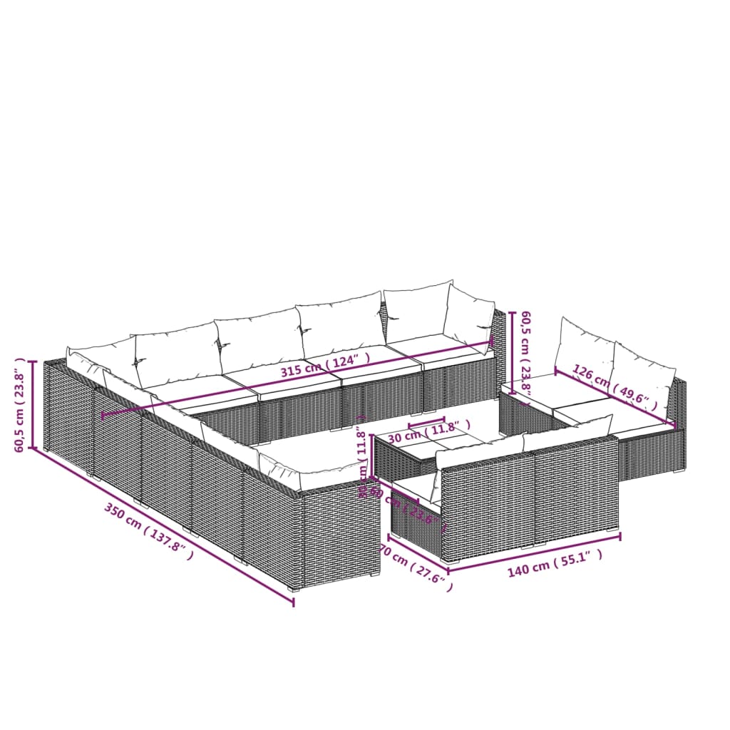 vidaXL 14-daļīgs dārza mēbeļu komplekts, matrači, brūna PE rotangpalma