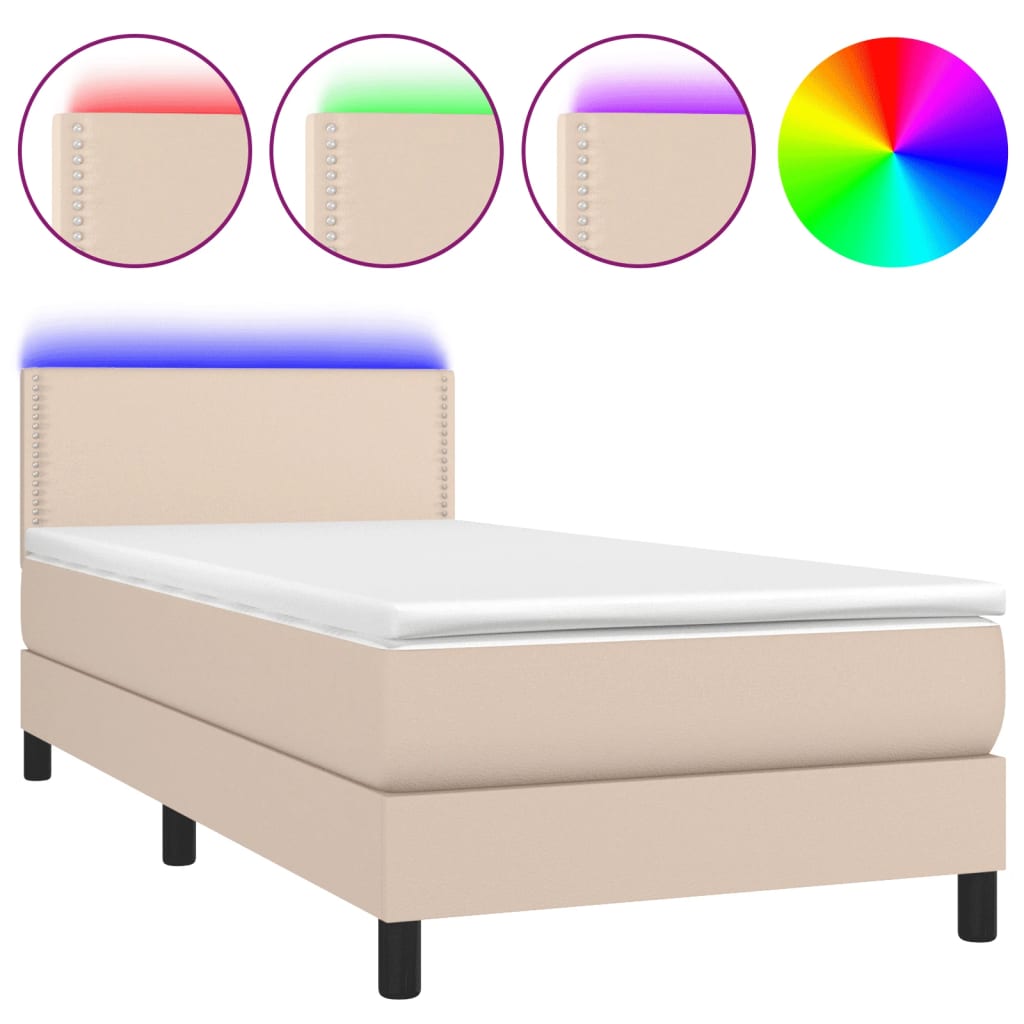 vidaXL atsperu gulta ar matraci, LED, kapučīno, 80x200cm, mākslīgā āda