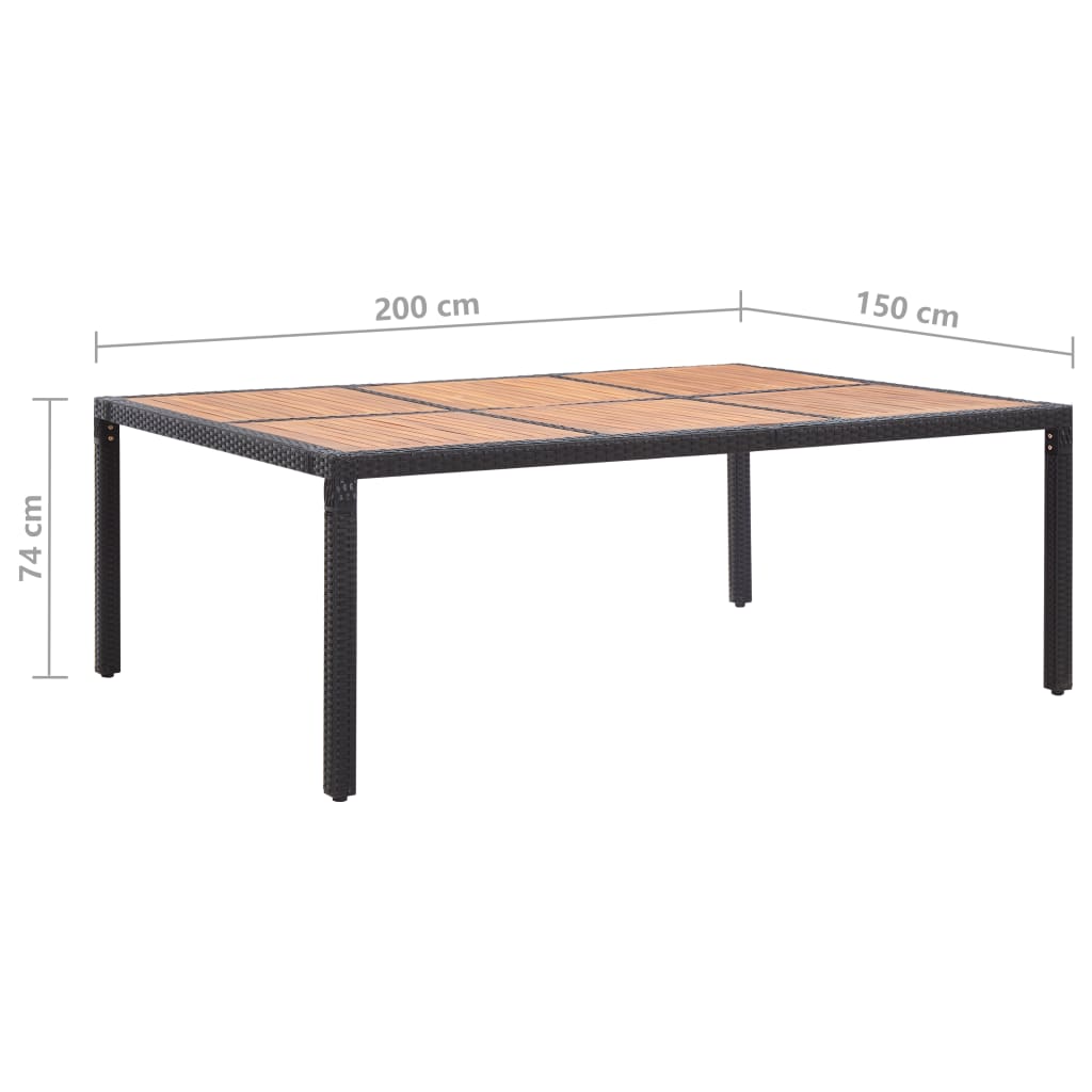 vidaXL dārza galds, 200x150x74 cm, melna PE rotangpalma, akācijas koks