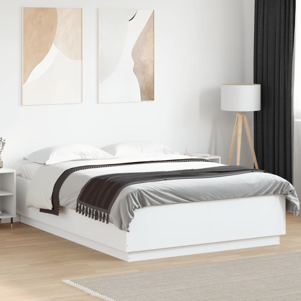 vidaXL gultas rāmis ar LED, balts, 150x200 cm, inženierijas koks