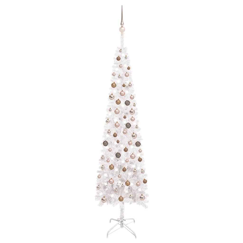 vidaXL šaura Ziemassvētku egle ar LED un bumbiņām, 240 cm, balta