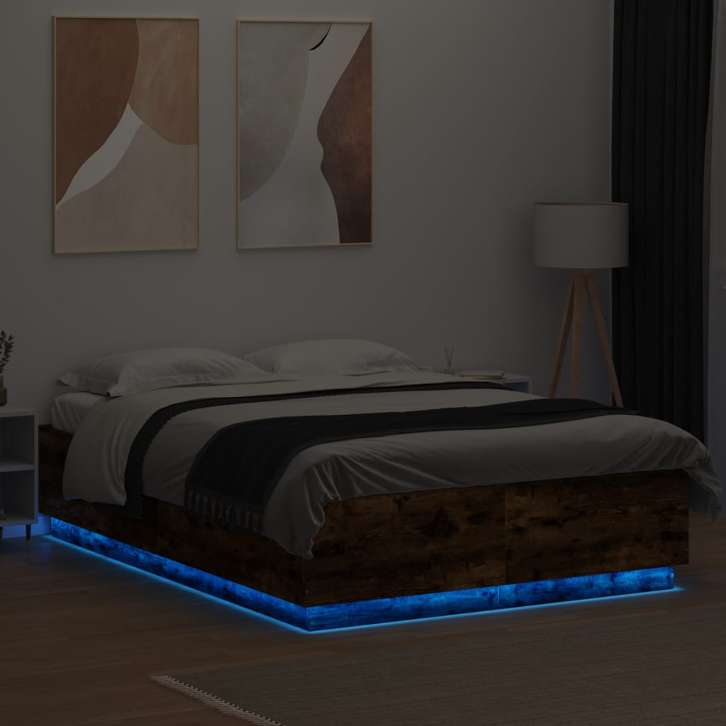 vidaXL gultas rāmis ar LED, ozola, 160x200 cm, inženierijas koks