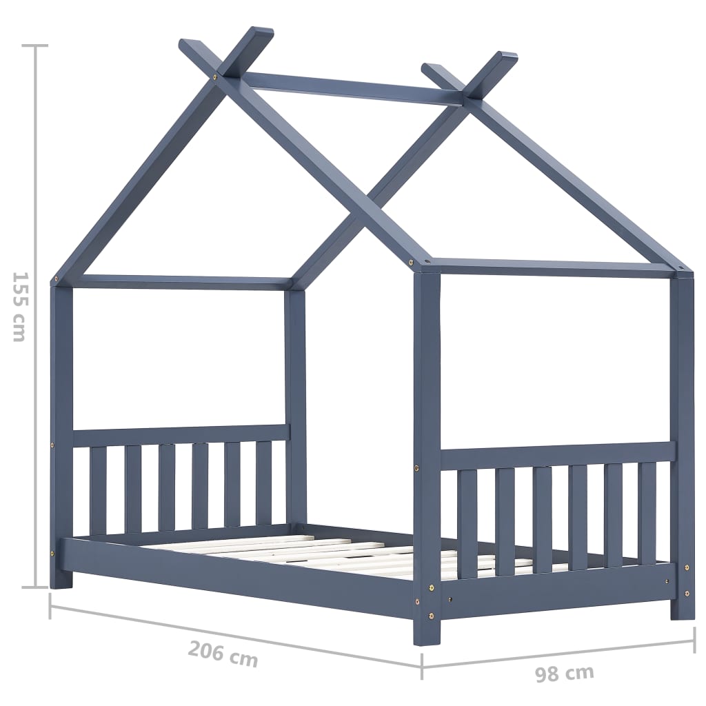 vidaXL bērnu gultas rāmis, pelēks, 90x200 cm, priedes masīvkoks