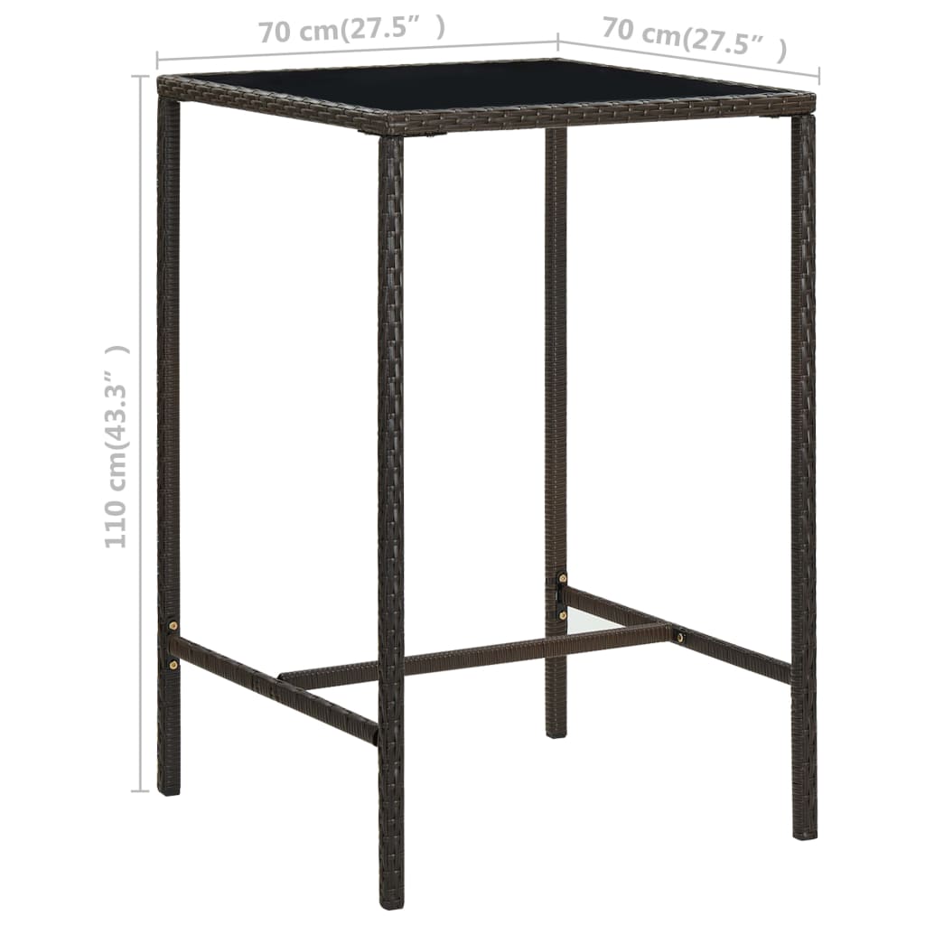 vidaXL dārza bāra galds, 70x70x110 cm, brūna PE rotangpalma, stikls
