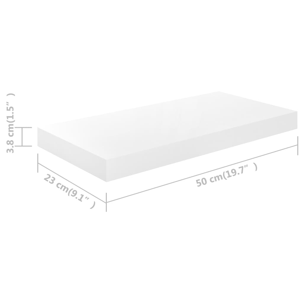 vidaXL sienas plaukti, 2 gab., spīdīgi balti, 50x23x3,8 cm, MDF
