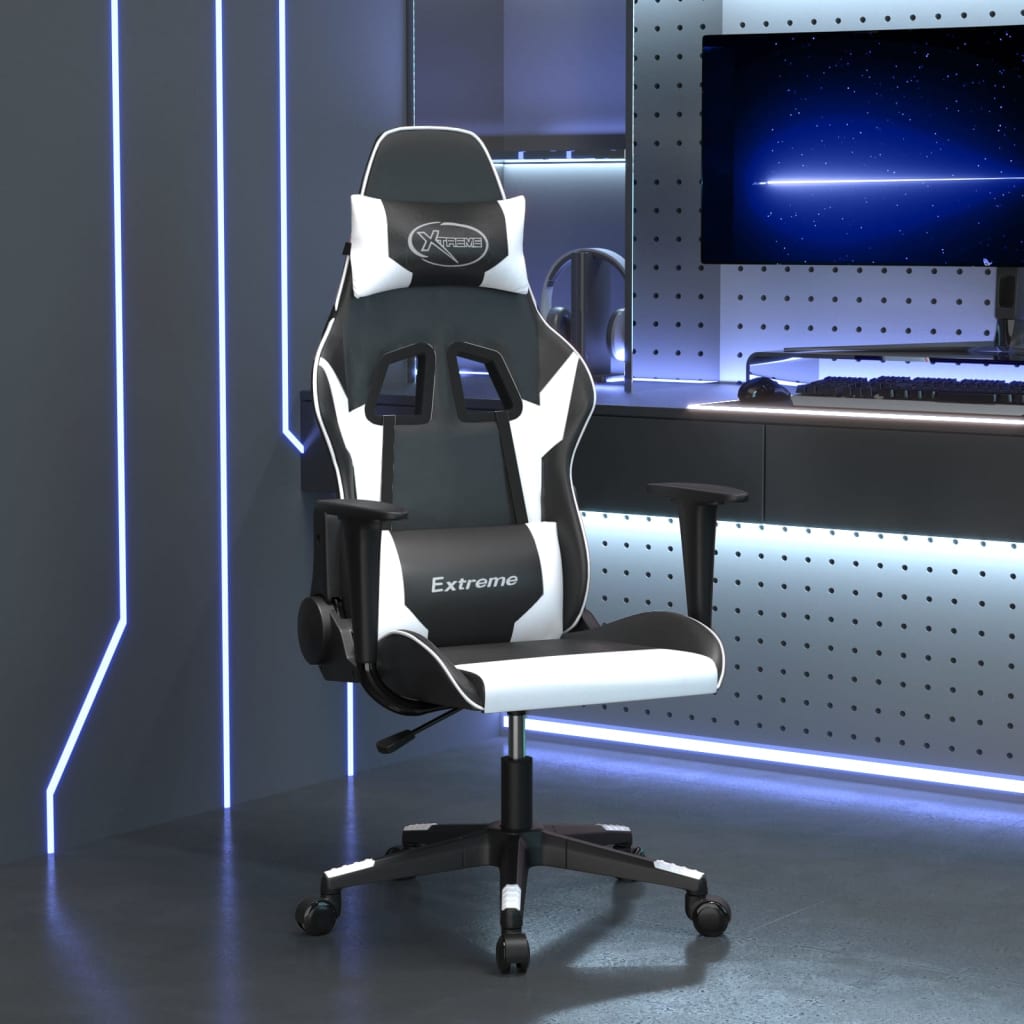 vidaXL masāžas datorspēļu krēsls, melna un balta mākslīgā āda
