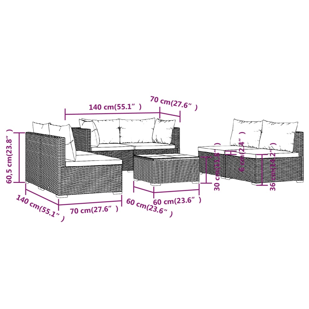 vidaXL 7-daļīgs dārza mēbeļu komplekts, matrači, brūna PE rotangpalma