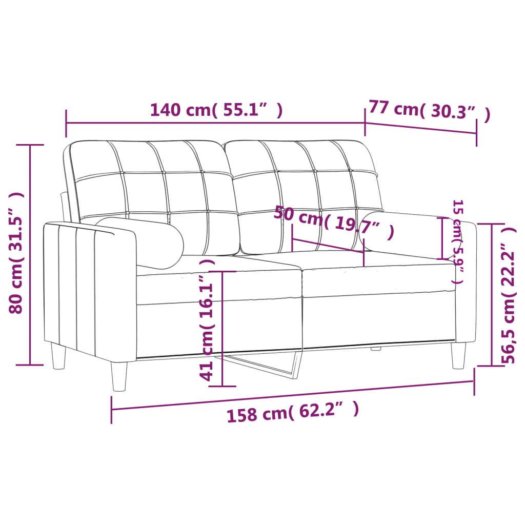 vidaXL divvietīgs dīvāns ar spilveniem, vīnsarkans, 140 cm, audums