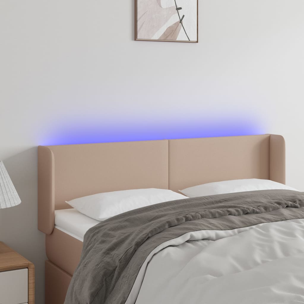 vidaXL gultas galvgalis ar LED, 147x16x78/88 cm, kapučīno mākslīgā āda