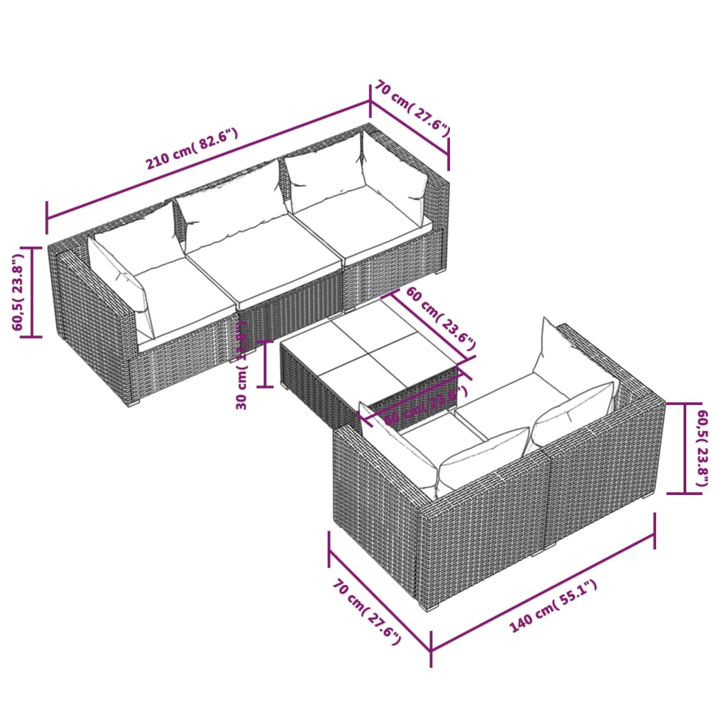 vidaXL 6-daļīgs dārza mēbeļu komplekts, matrači, brūna PE rotangpalma