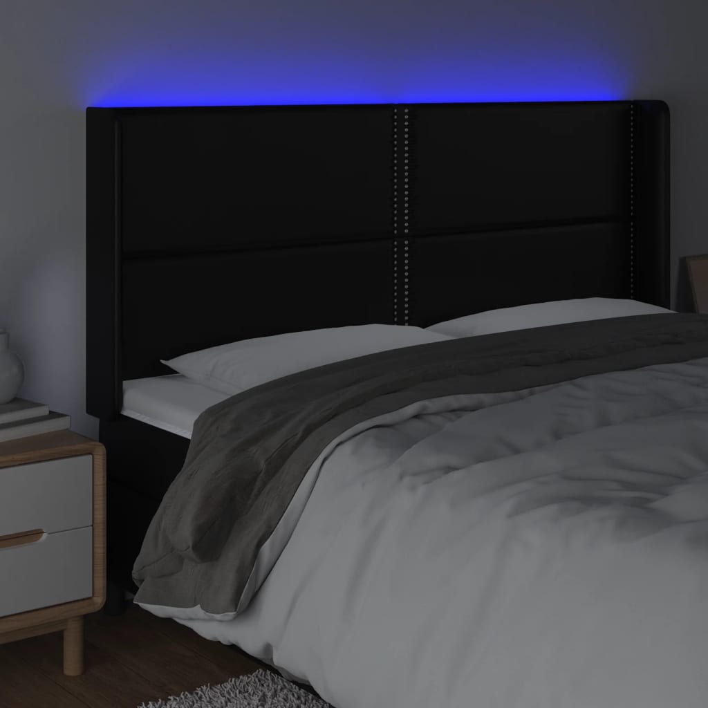vidaXL gultas galvgalis ar LED, 183x16x118/128 cm, melna mākslīgā āda