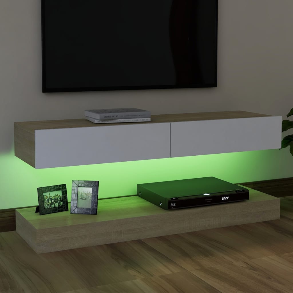vidaXL TV plaukts ar LED lampiņām, 120x35 cm, baltā un ozolkoka krāsā