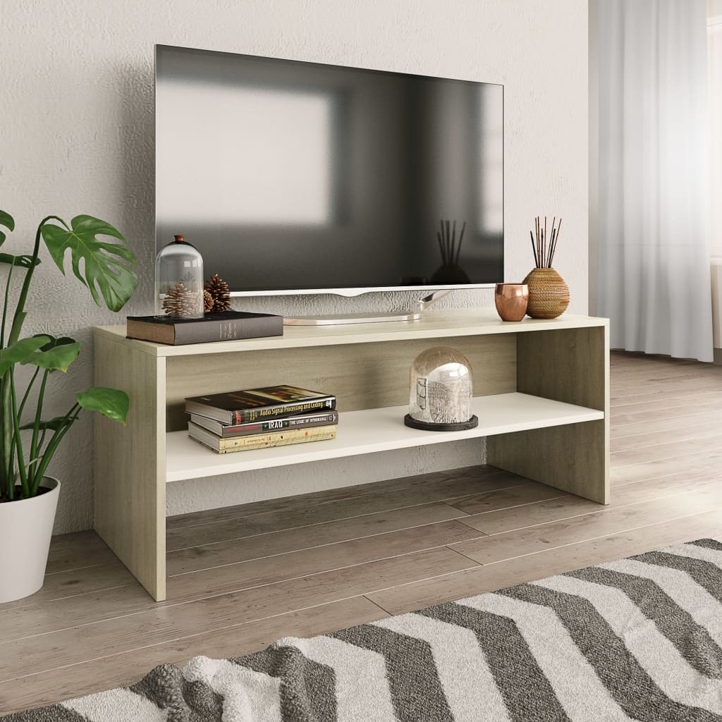vidaXL TV skapītis, 100x40x40cm, balts, ozolkoka krāsā, skaidu plāksne