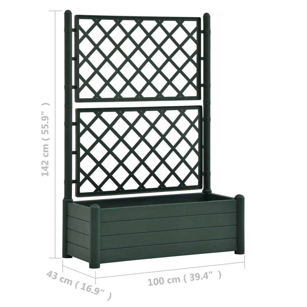 vidaXL dārza puķu kaste ar špaleru, 100x43x142 cm, zaļa, PP