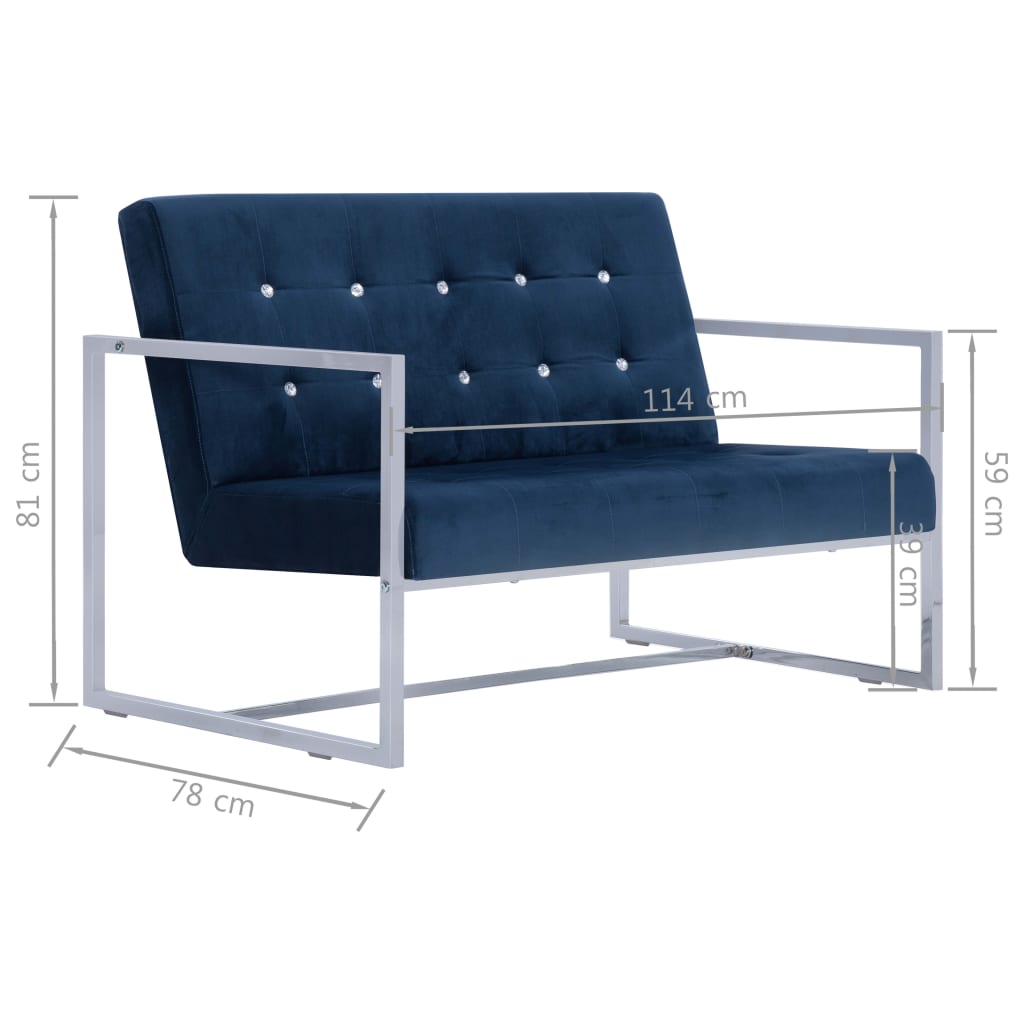 vidaXL divvietīgs dīvāns ar roku balstiem, hroms, zils samts