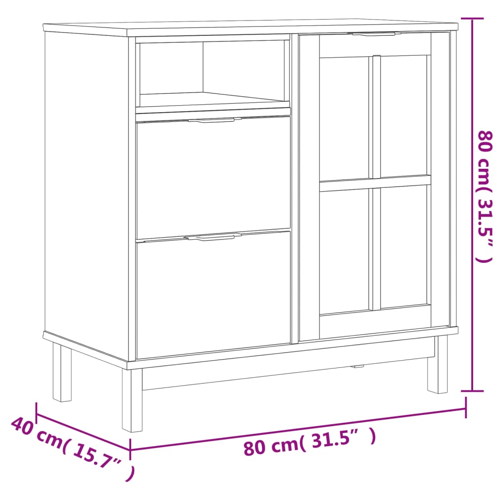 vidaXL kumode ar stikla durvīm FLAM, 80x40x180 cm, priedes koks