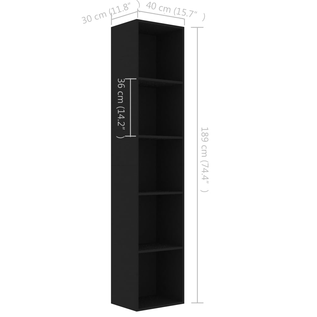 vidaXL grāmatu plaukts, melns, 40x30x189 cm, skaidu plāksne