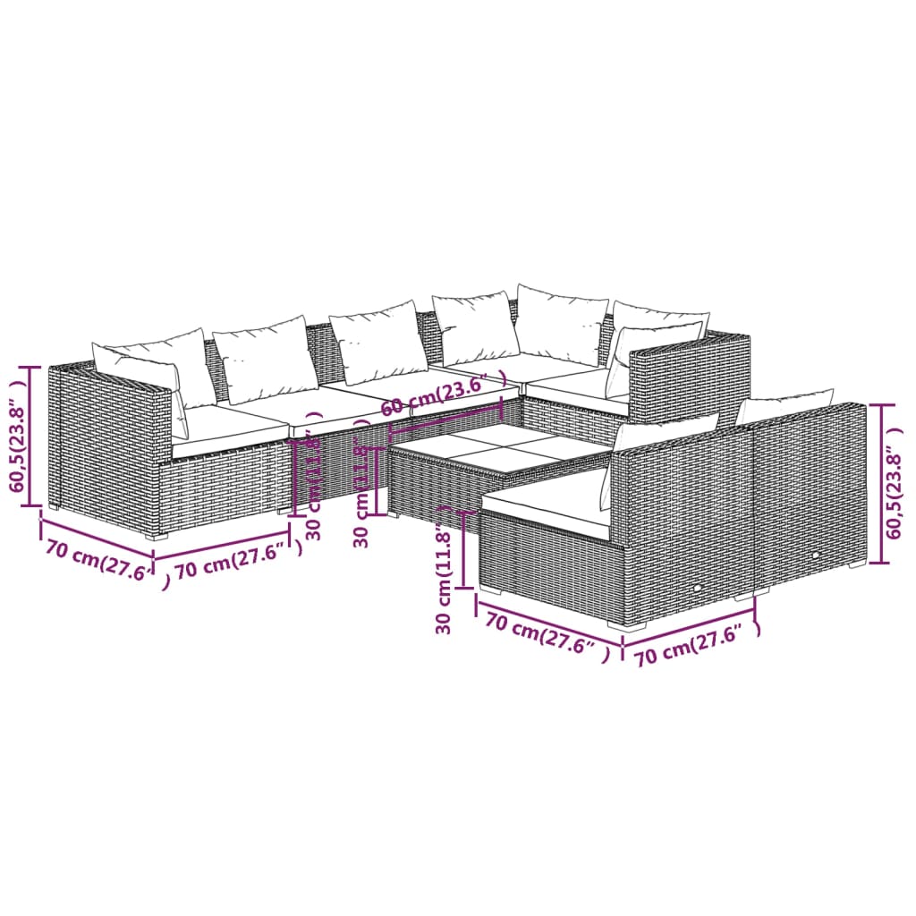 vidaXL 8-daļīgs dārza mēbeļu komplekts, matrači, brūna PE rotangpalma
